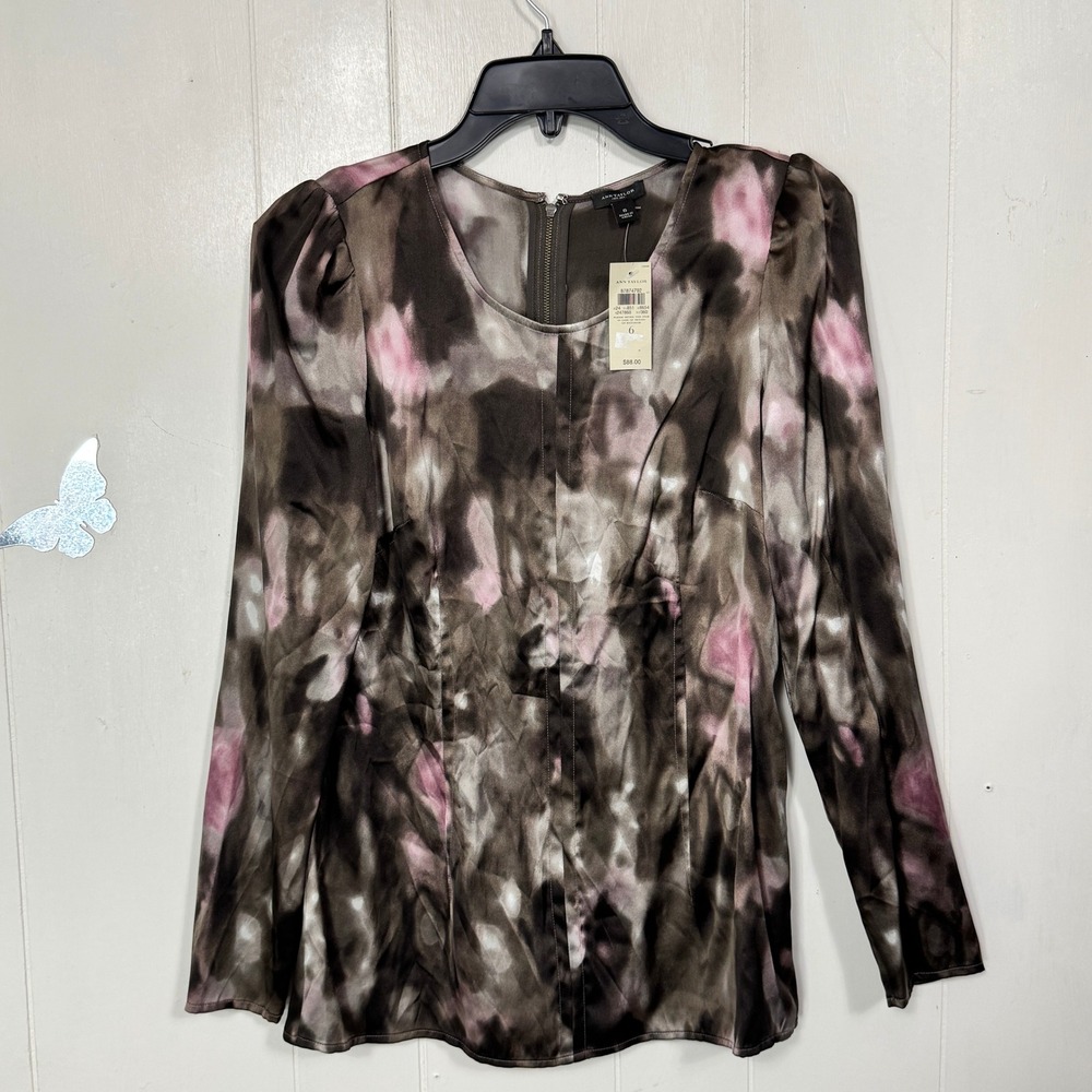Ann Taylor Silk Blend Size 6 Brown Pink Floral Print Long Sleeve Blouse‎ Top New